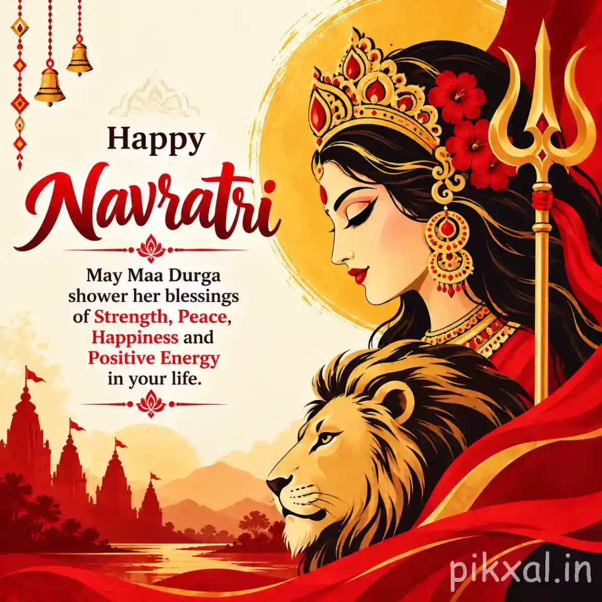 Goddess Durga with a lion and trident surrounded by flowers, mountains, and a Happy Navratri message