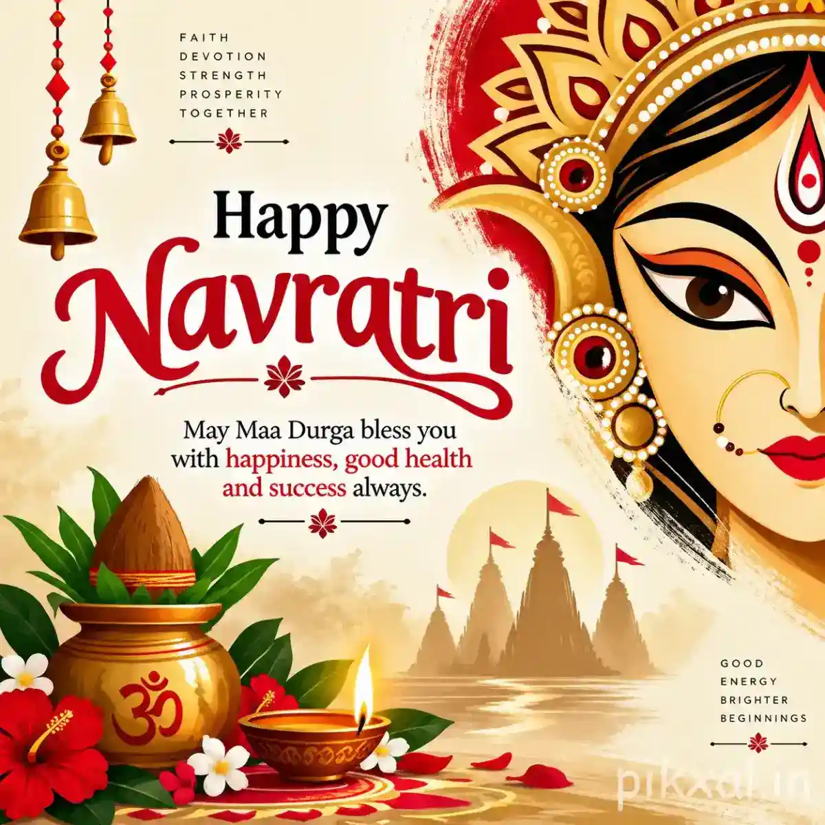 Close-up Durga face beside a decorated kalash, flowers, diyas, mountains, and a Hindi Navratri blessing