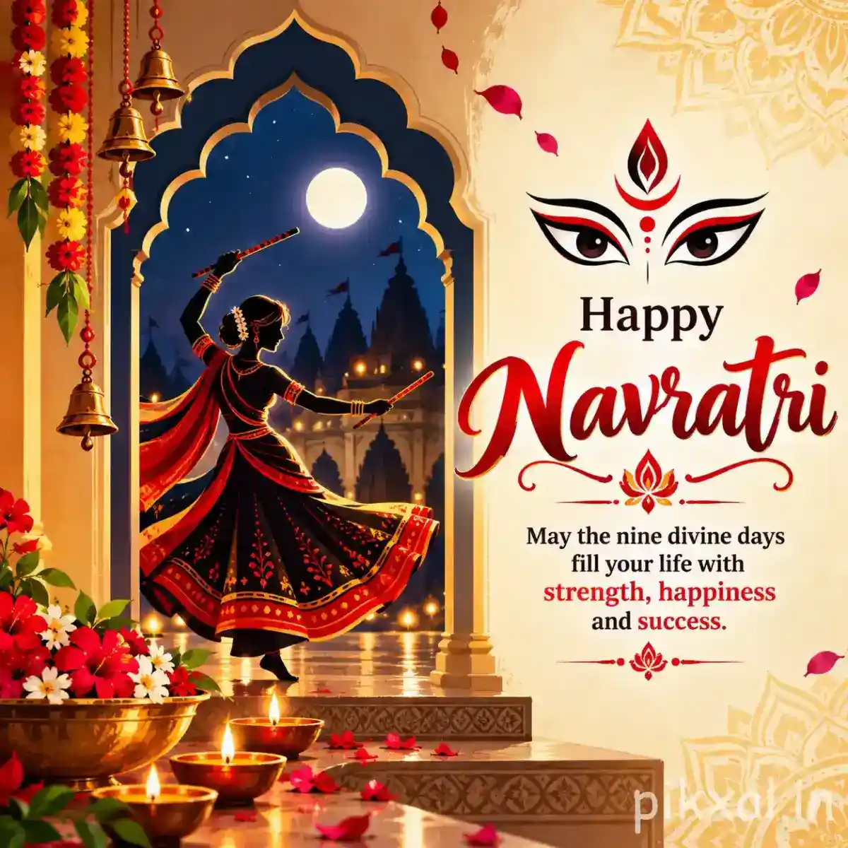Garba dancer beneath a moonlit temple arch with diyas, flowers, and a Happy Navratri blessing