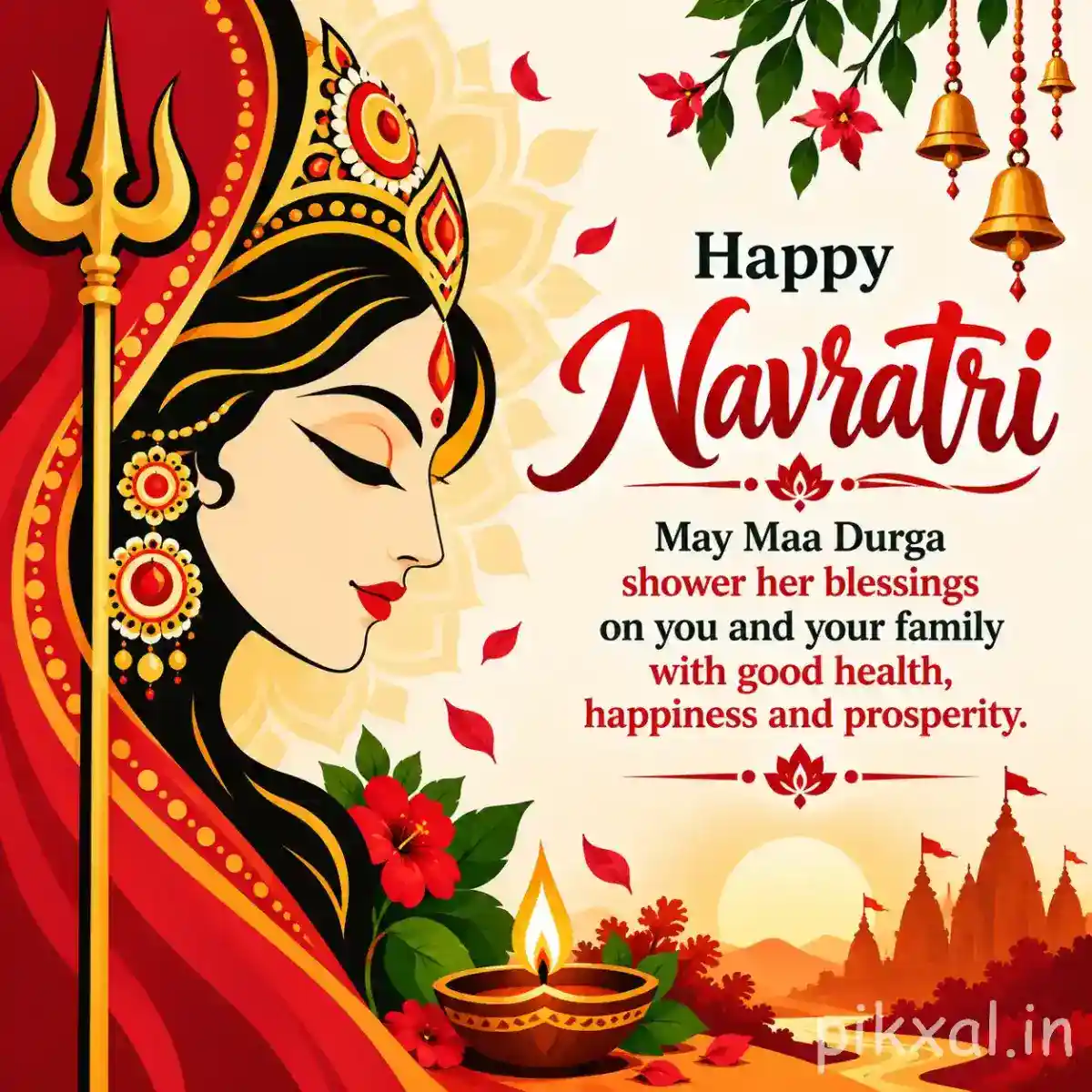 Goddess Durga profile with trident, red flowers, diya, and a Happy Navratri blessing