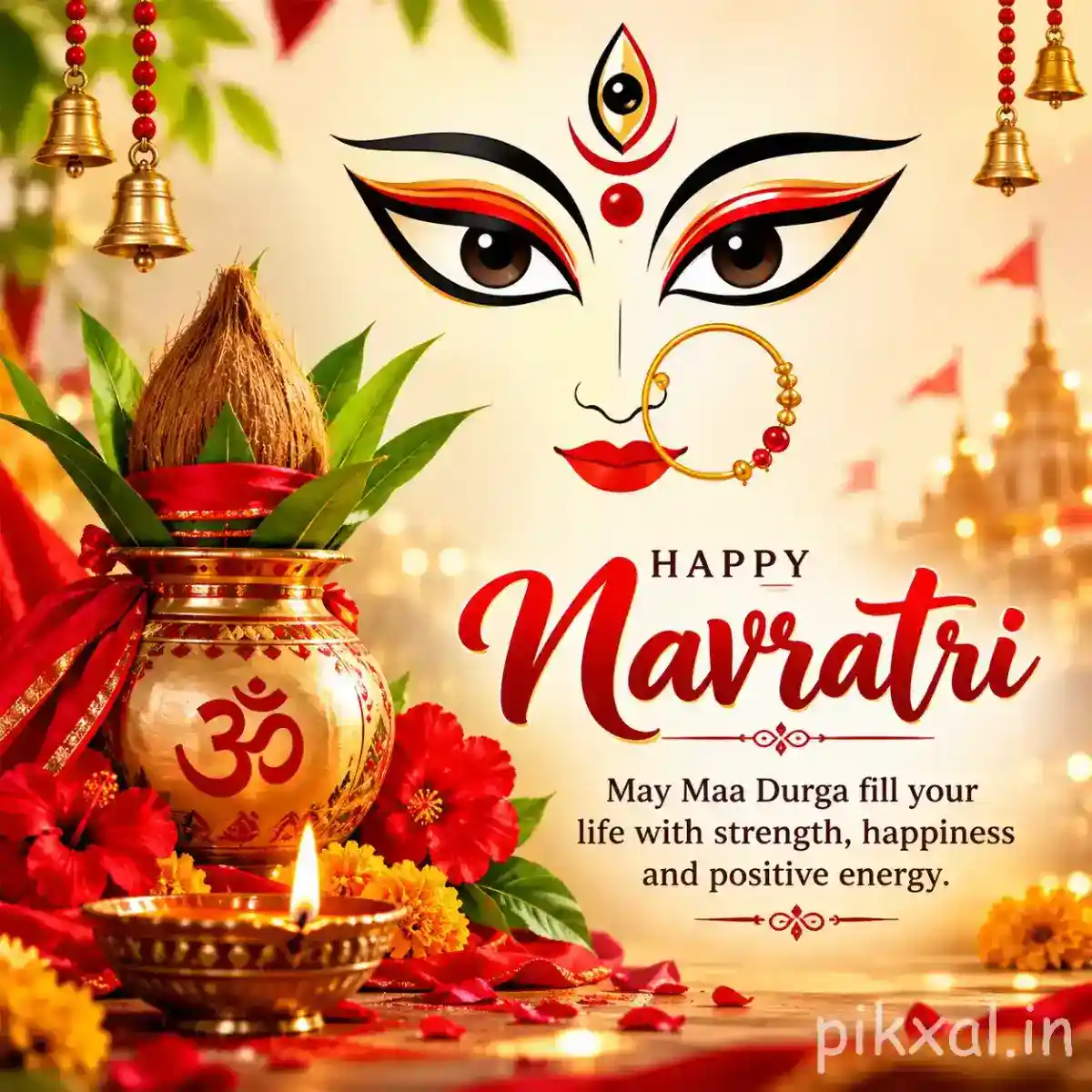 Durga eyes above a decorated kalash with flowers, diyas, and a Happy Navratri wish
