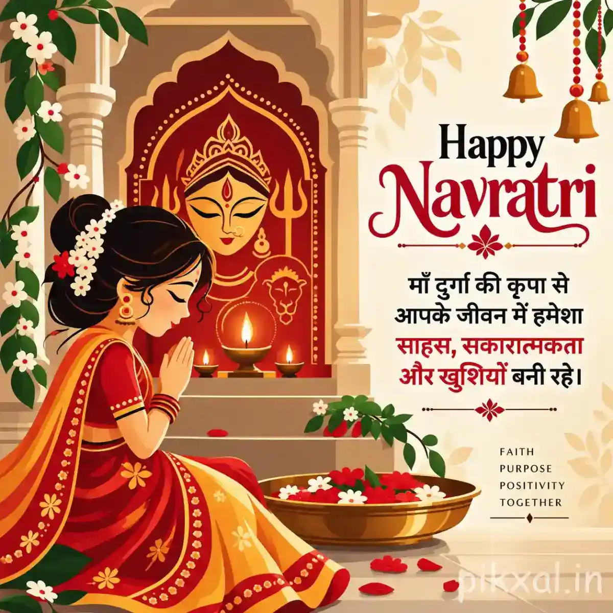 Devotee praying before a Durga shrine with flowers, diyas, rangoli, and a Happy Navratri message