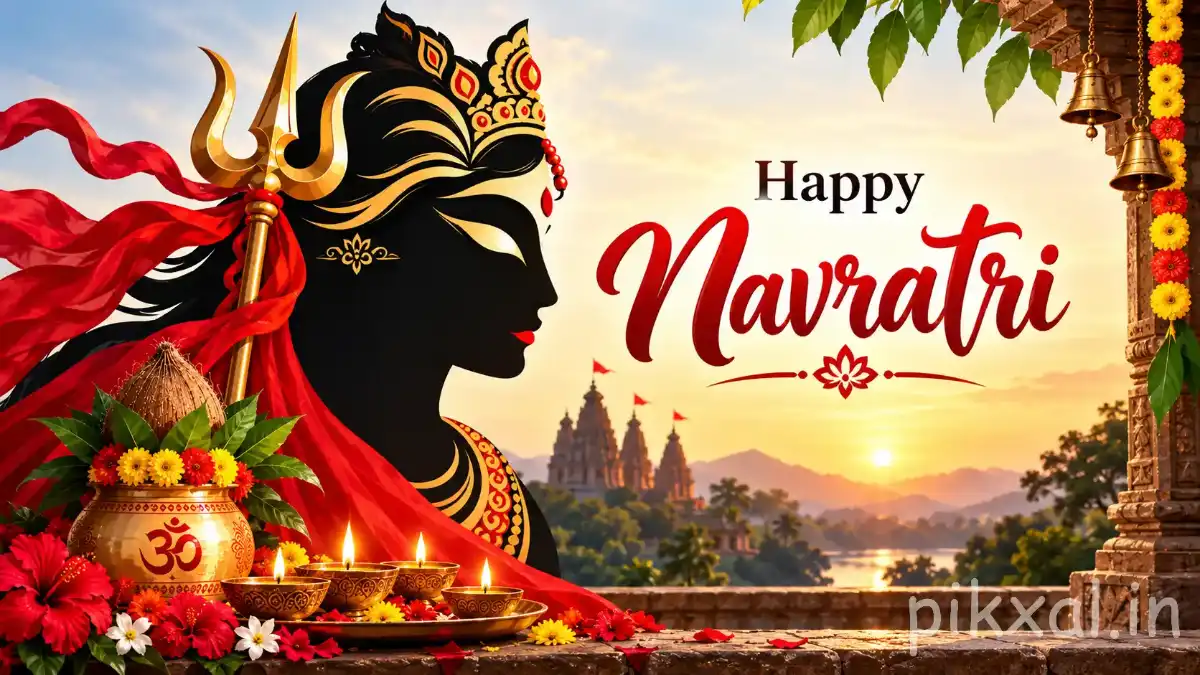 Happy Navratri Wishes Images featuring Maa Durga with a trident, diyas, flowers and a temple landscape