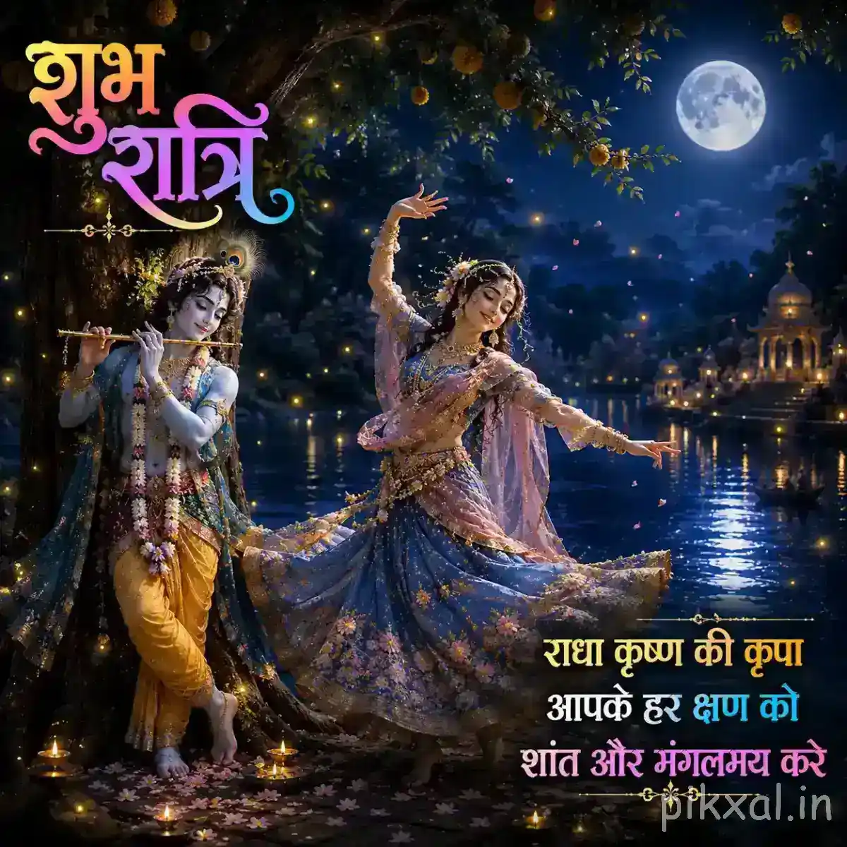 Radha Krishna Good Night Images featuring Radha and Krishna together beside a peaceful moonlit river, surrounded by glowing lamps and a serene शुभ रात्रि greeting.