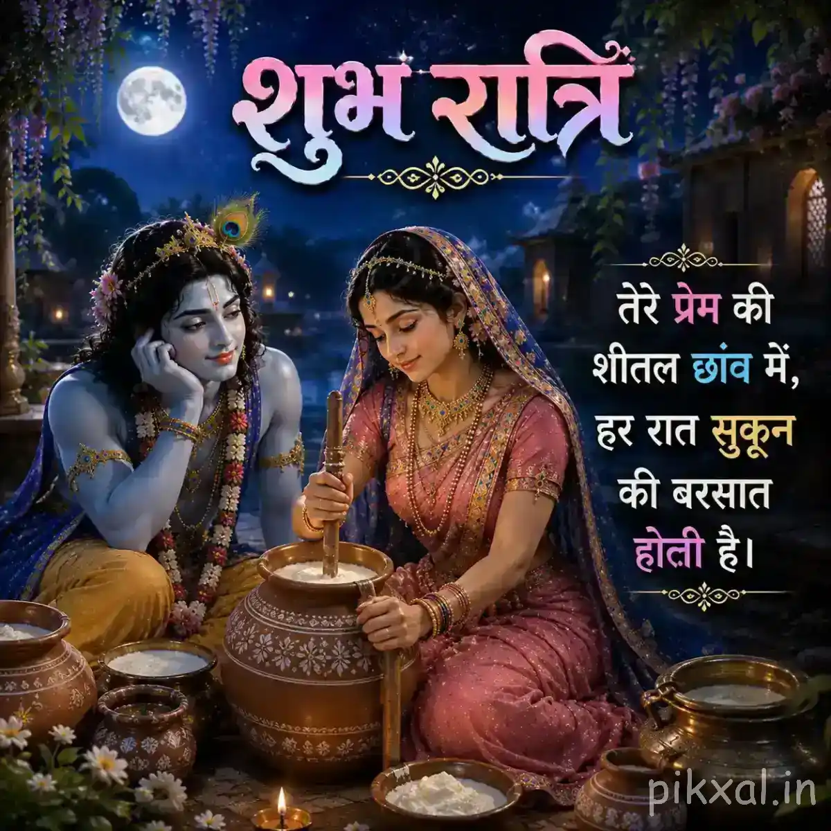 Radha and Krishna sitting together beneath a bright full moon, with Krishna holding his flute and warm lanterns illuminating the nighttime setting.