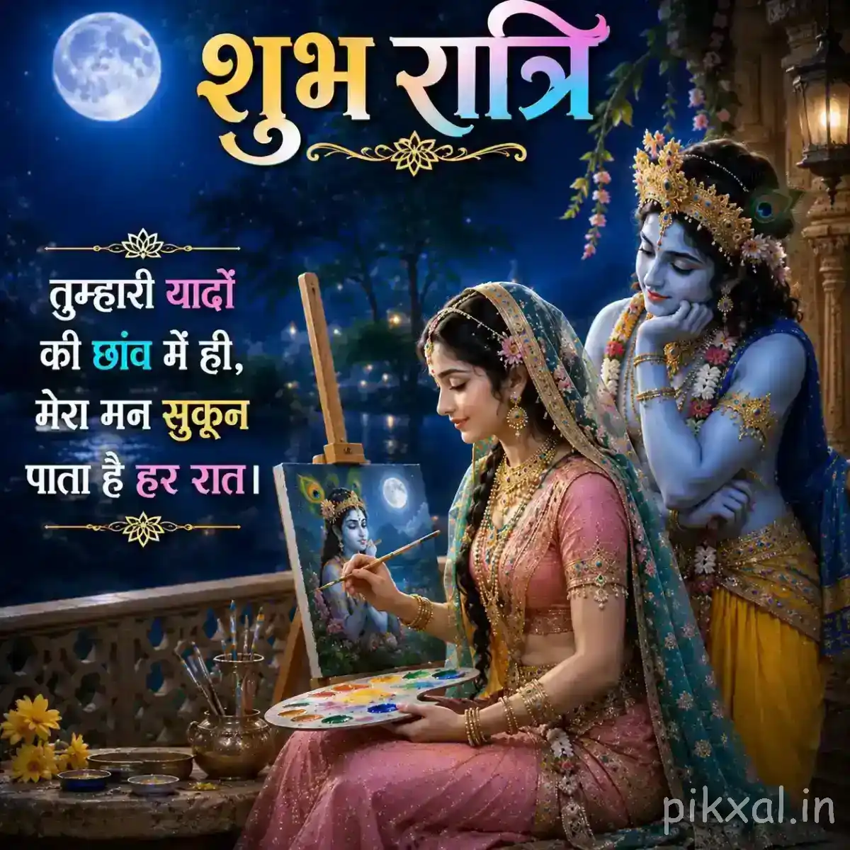 Krishna standing beside Radha as she sits near a calm riverside, with a bright moon, lanterns and a tranquil nighttime atmosphere.
