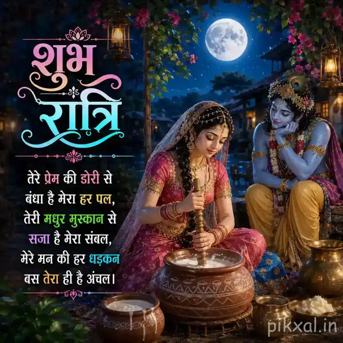 Radha and Krishna seated beside a decorated clay pot, surrounded by flowers and glowing lamps under a deep blue moonlit sky.