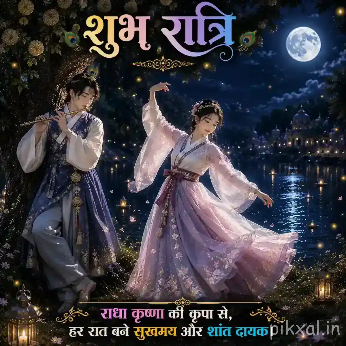 Radha and Krishna dancing gracefully together beneath a luminous full moon, with trees, flowers and warm lanterns creating a dreamy night scene.