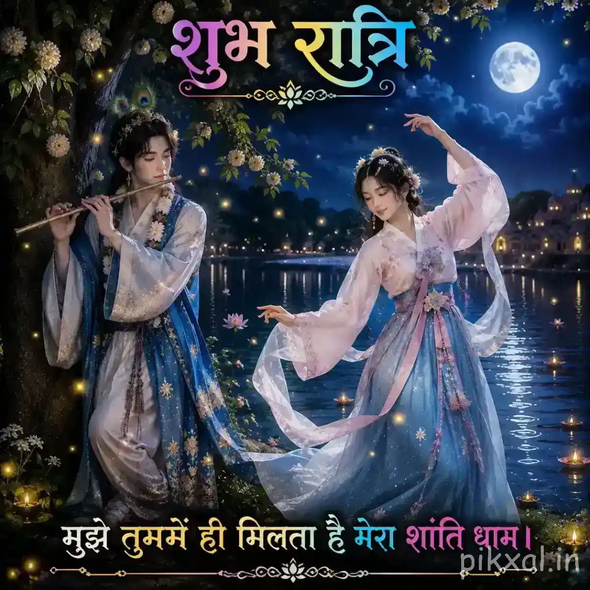 Krishna playing his flute while Radha dances beside him, surrounded by a peaceful garden, glowing lamps and moonlit scenery.