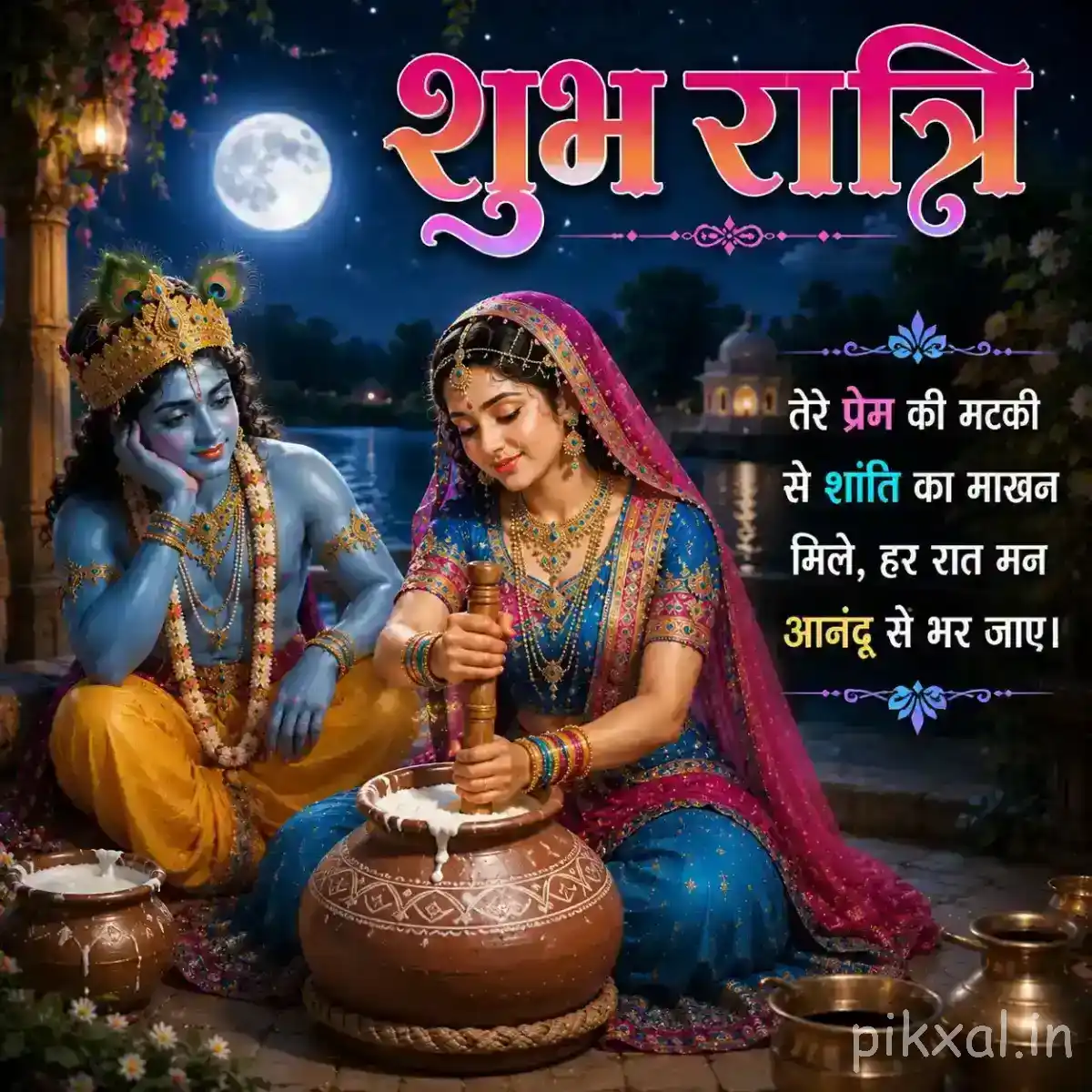 Krishna and Radha sitting together beside a large decorative pot, surrounded by flowers, diyas and soft golden light.