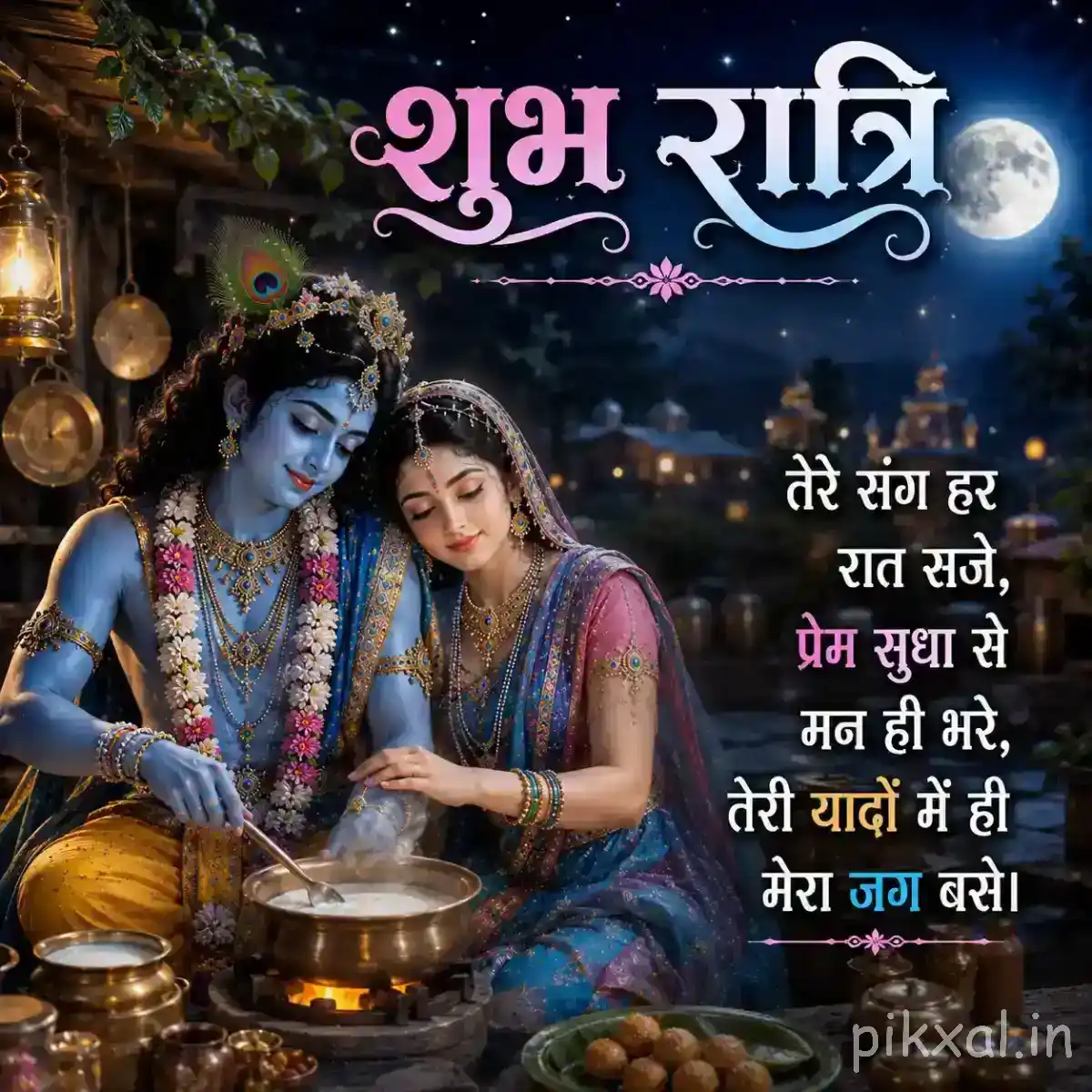 Radha and Krishna sharing a quiet moment near a decorated vessel, with Krishna holding his flute and warm lamps illuminating the nighttime setting.