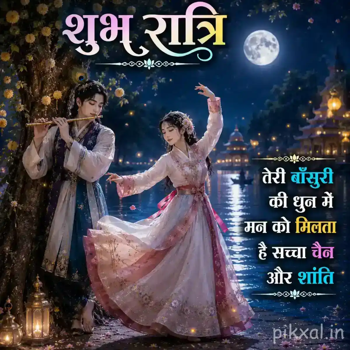Krishna playing the flute while Radha dances nearby, with flowing garments, hanging lanterns and a calm moonlit garden creating a serene scene.