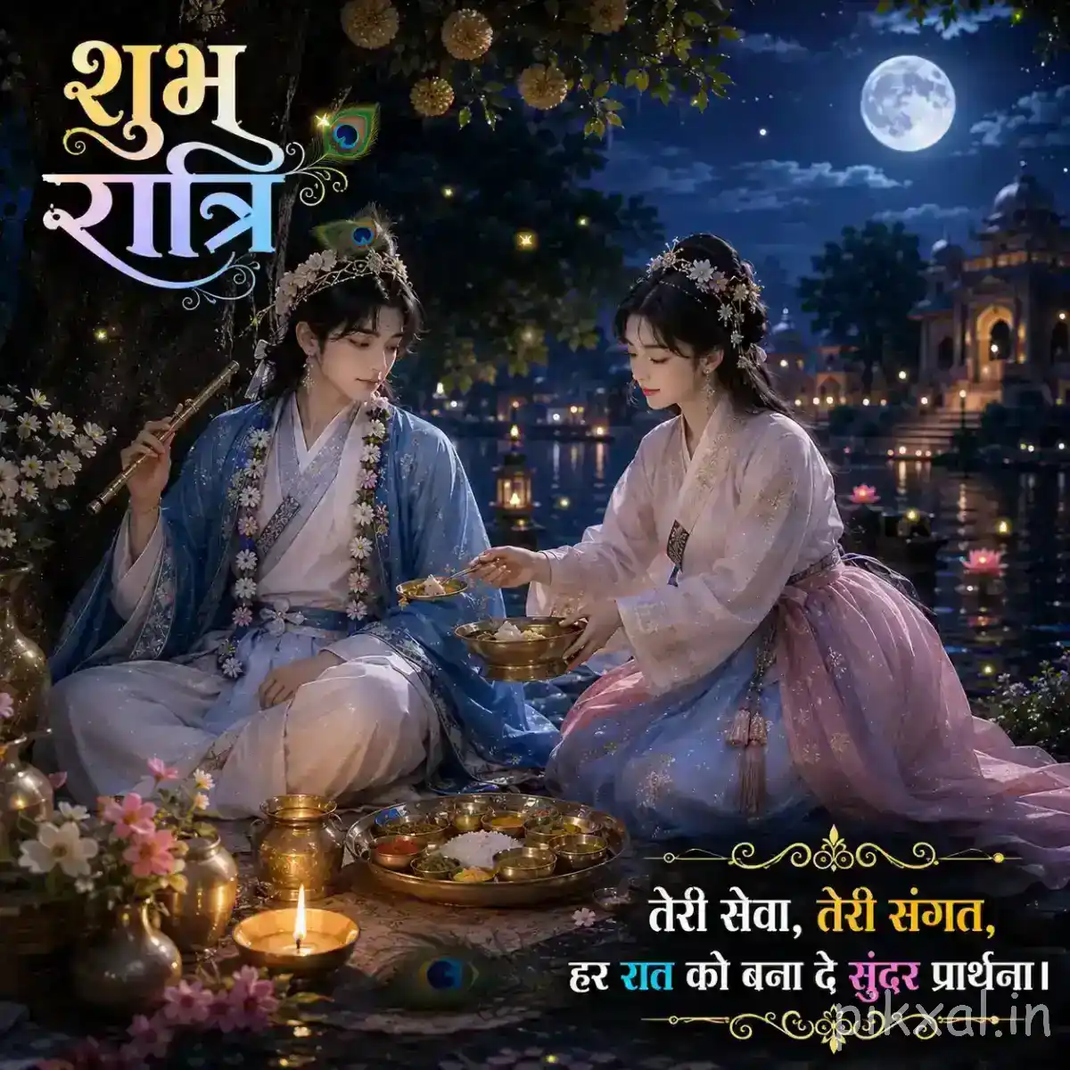 Radha and Krishna sitting beside each other near glowing diyas, with flowers, a moonlit river and a heartfelt रात्री greeting.