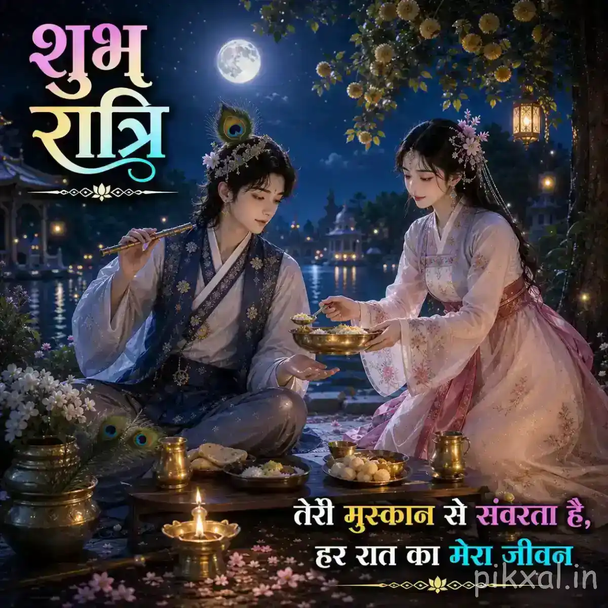 Krishna and Radha sharing a devotional moment beside a decorated golden vessel, surrounded by flowers, lanterns and nighttime temple scenery.