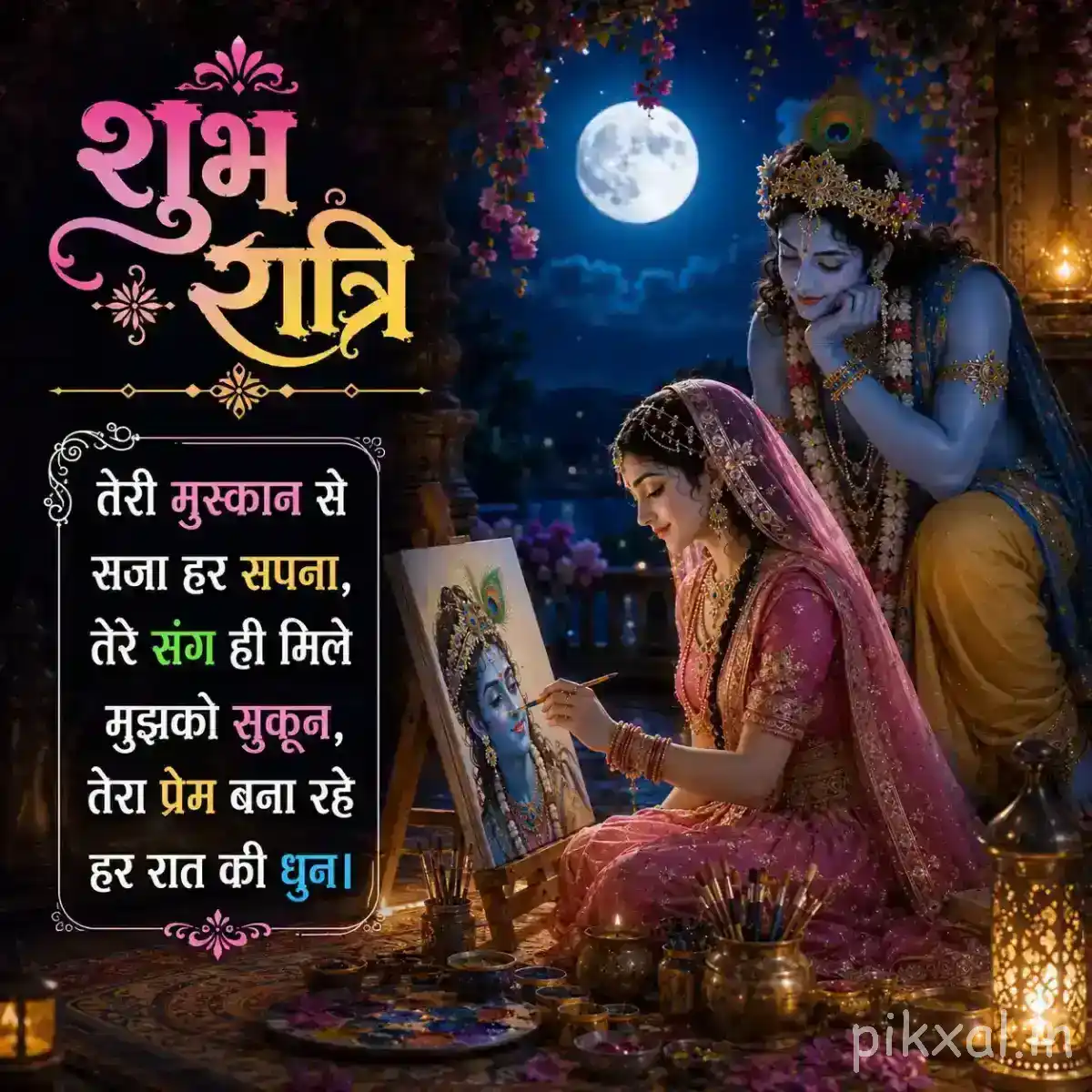 Radha seated near a glowing diya while Krishna stands behind her, with peacock feathers, warm lights and a शुभ रात्रि message completing the scene.