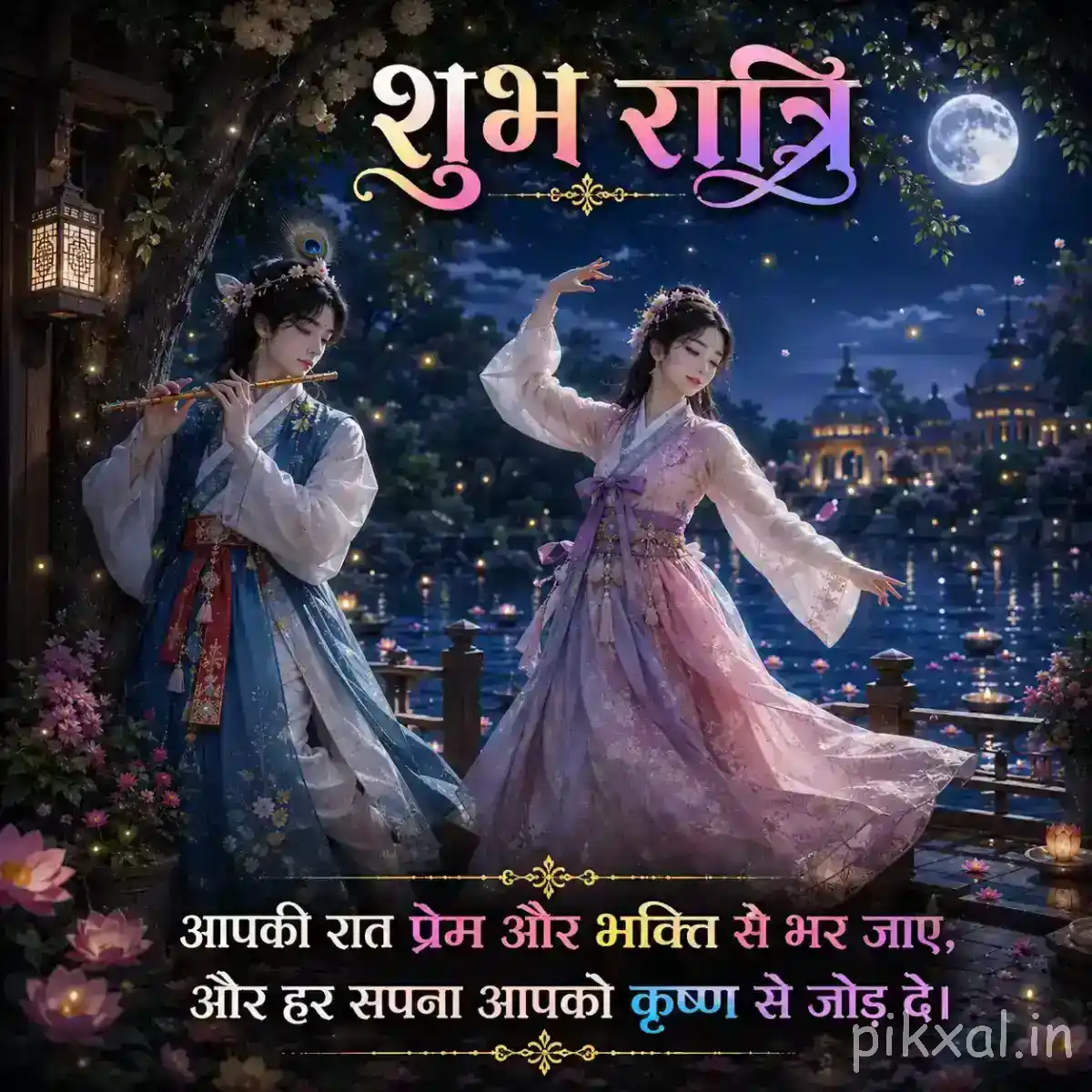 Radha and Krishna dancing together beside a moonlit river, surrounded by lush trees, glowing lanterns and a romantic devotional nighttime setting.