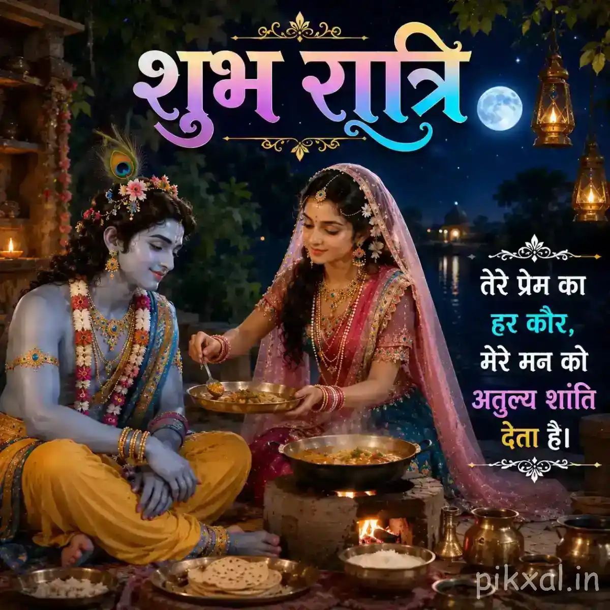 Radha and Krishna seated together beside a glowing diya and decorative vessel, surrounded by flowers and warm nighttime lights with शुभ रात्रि wishes.