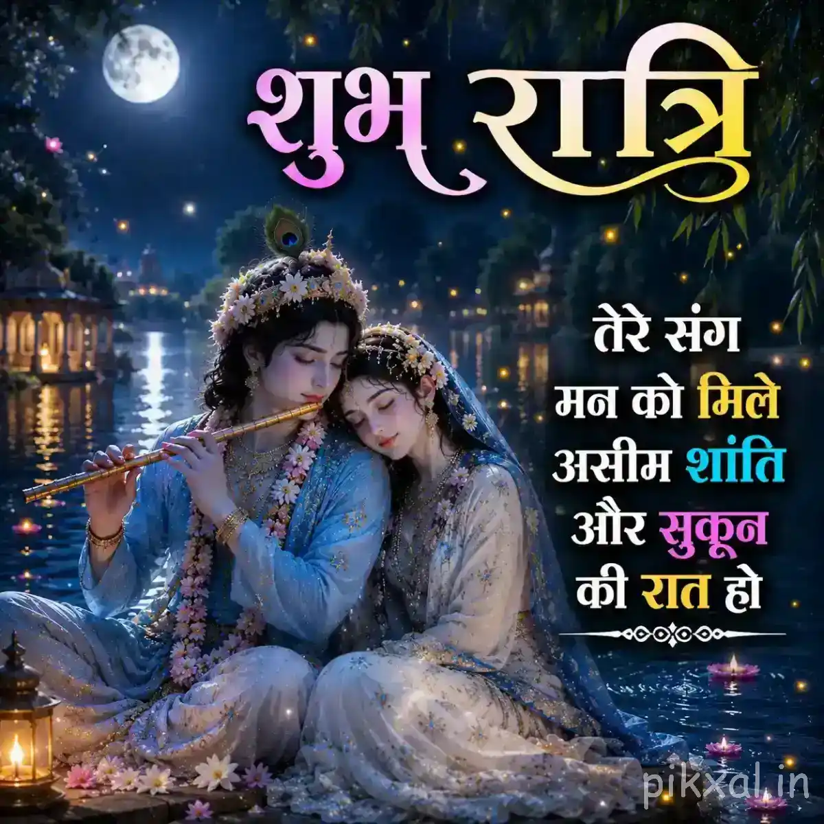 Radha Krishna Good Night Images showing Radha resting lovingly beside Krishna as he plays the flute, with a full moon, glowing lamps and a peaceful riverside setting.