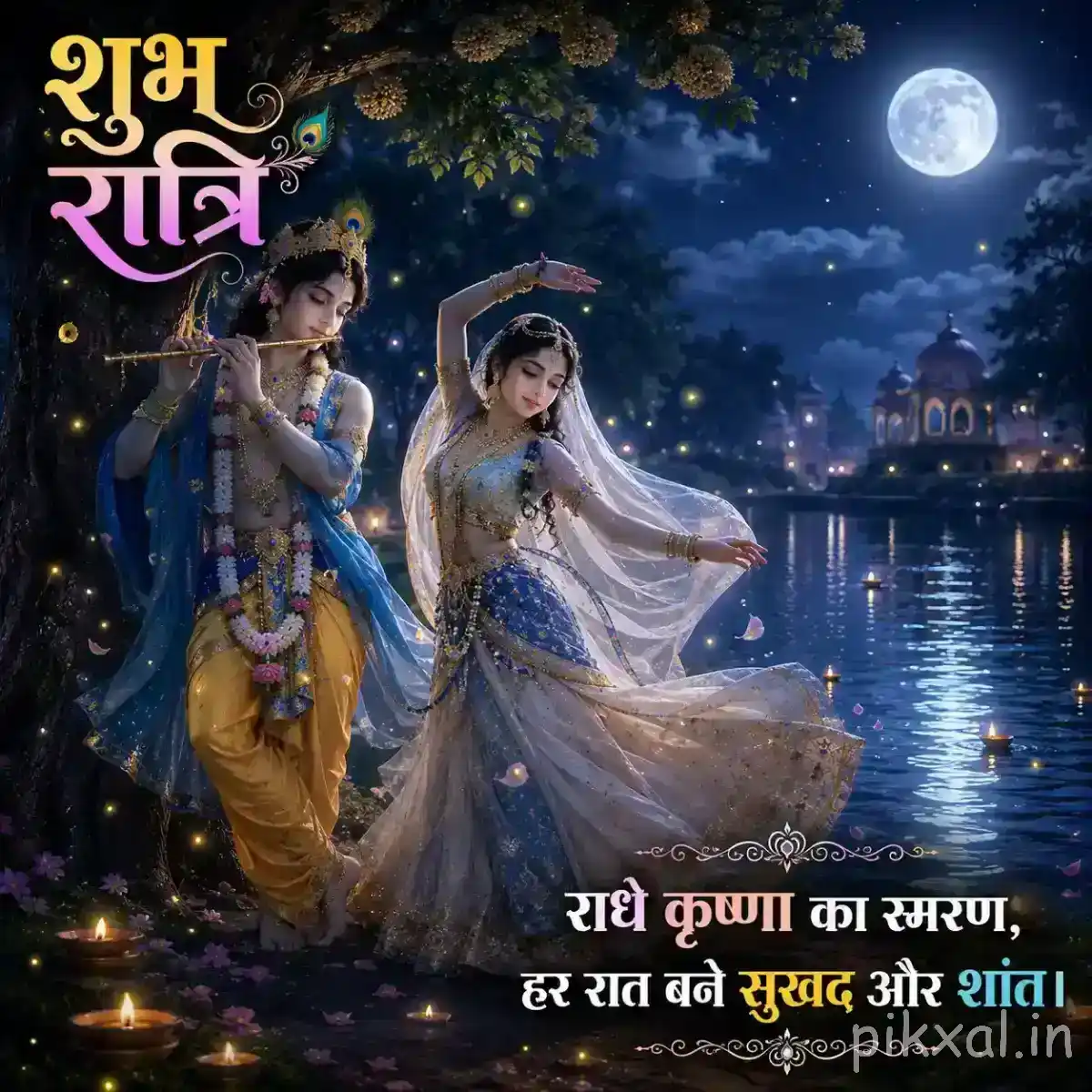 Radha and Krishna standing together beside a moonlit lake, with Radha's flowing dress, Krishna's flute and warm lanterns creating a dreamy devotional scene.