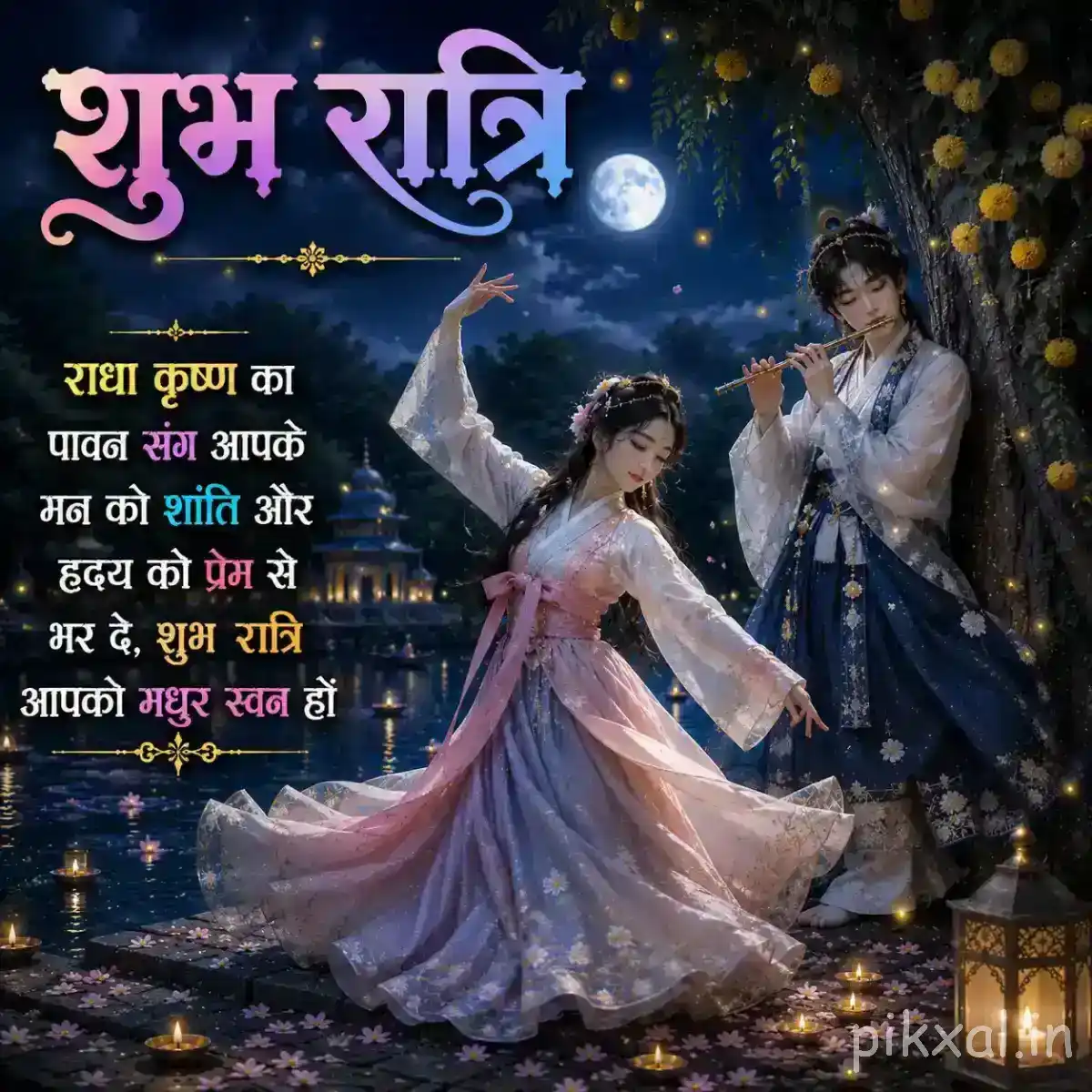 Radha dancing gracefully while Krishna plays his flute beneath a bright moon, surrounded by trees, flowers and soft golden lights.