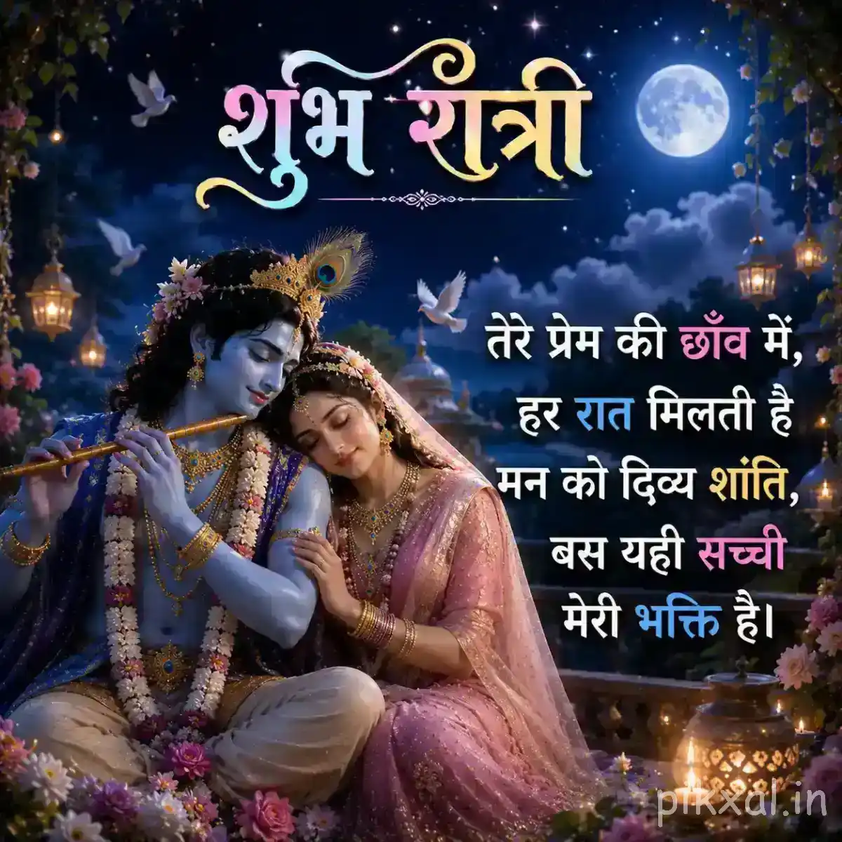 Radha resting close to Krishna as he plays the flute, surrounded by soft blue moonlight, flowers and glowing lamps.