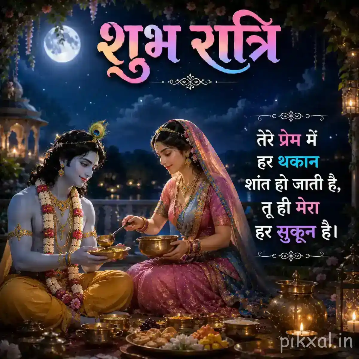 Krishna and Radha seated beside a decorated offering tray, surrounded by flowers and diyas under a glowing moonlit sky.