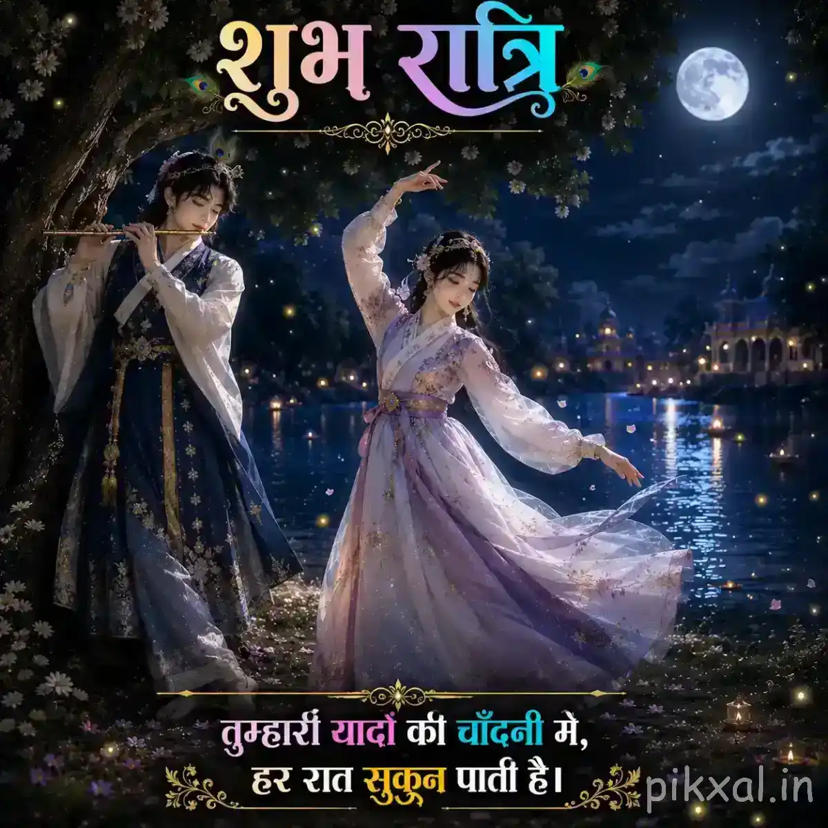 Radha dancing beside Krishna in a flowing white outfit, with a full moon, leafy trees and a peaceful blue nighttime landscape.