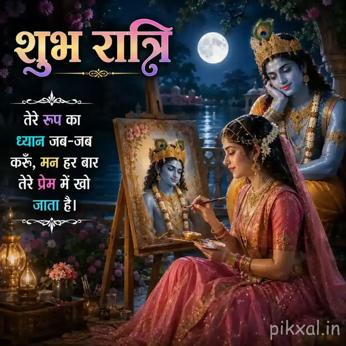 Radha seated near a decorative vessel while Krishna stands behind her, with glowing diyas, flowers and a warm devotional setting.