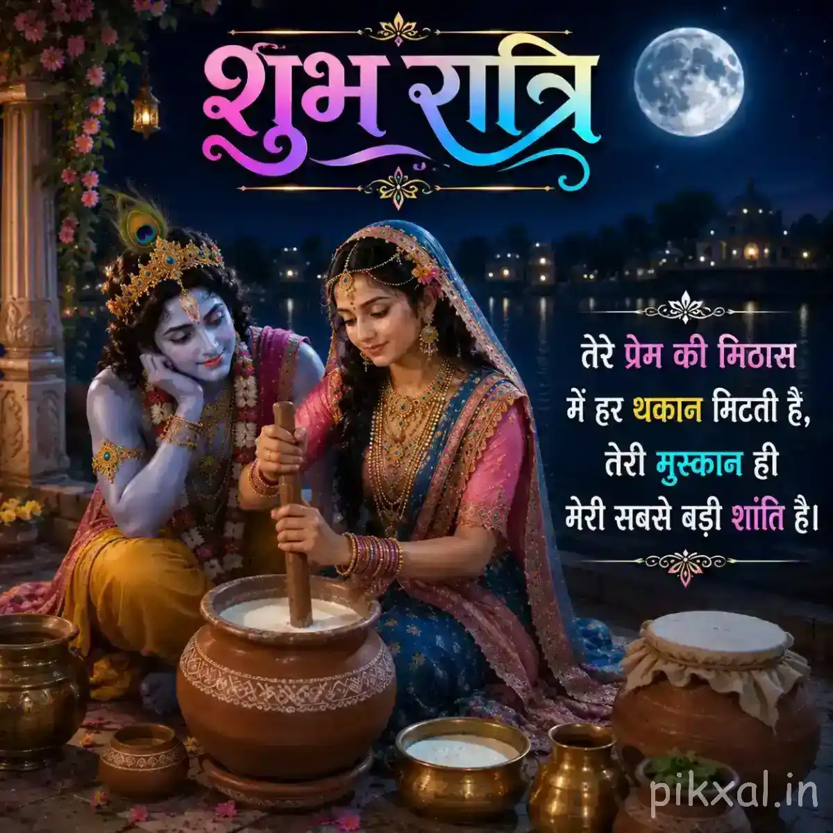 Radha and Krishna sharing a peaceful moment beside decorated clay pots and glowing lamps, surrounded by flowers and rich traditional details.