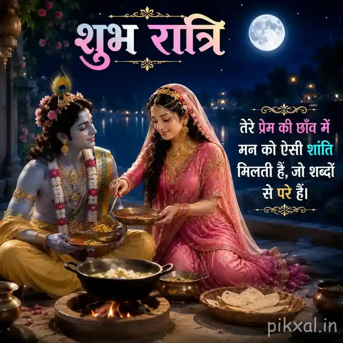 Radha seated beside Krishna near a decorated offering bowl, surrounded by flowers, diyas and warm golden light.