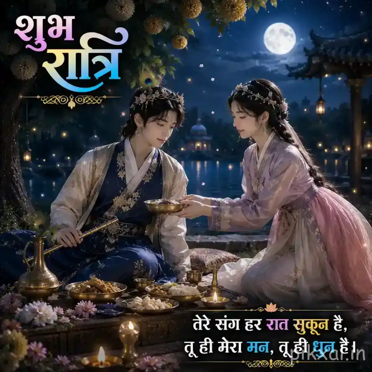 Radha and Krishna seated together near a small diya and decorative offerings, surrounded by flowers and a softly illuminated garden.