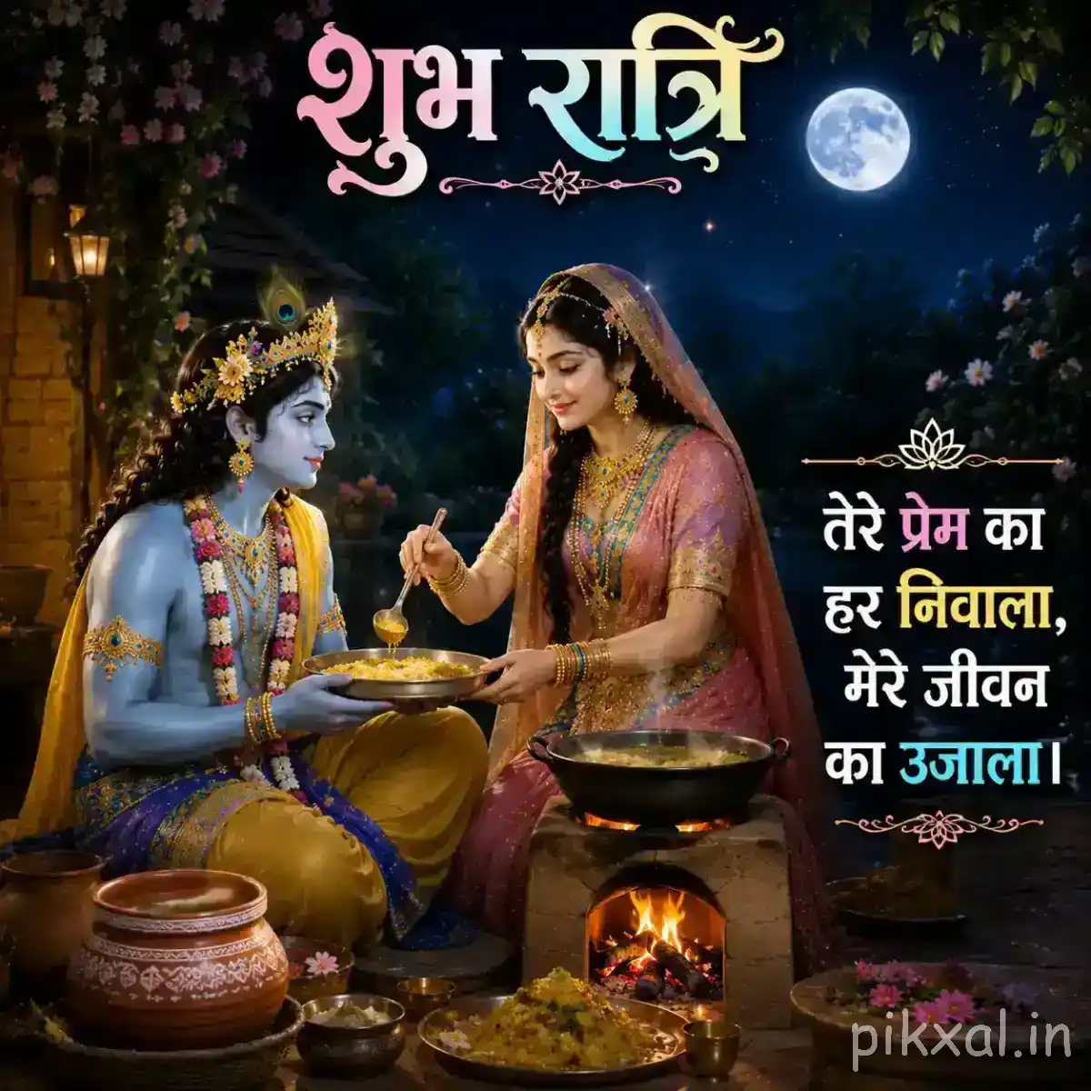 Krishna and Radha sitting together beside decorated pots and glowing lamps, sharing a peaceful devotional moment beneath the night sky.
