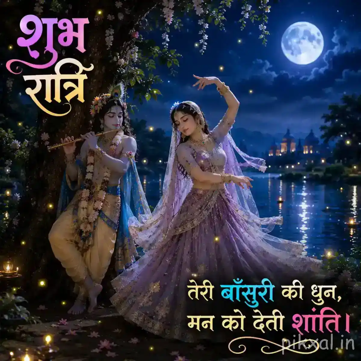 Radha dancing with graceful movements beside Krishna, with a full moon, flowering trees and warm golden lights surrounding them.