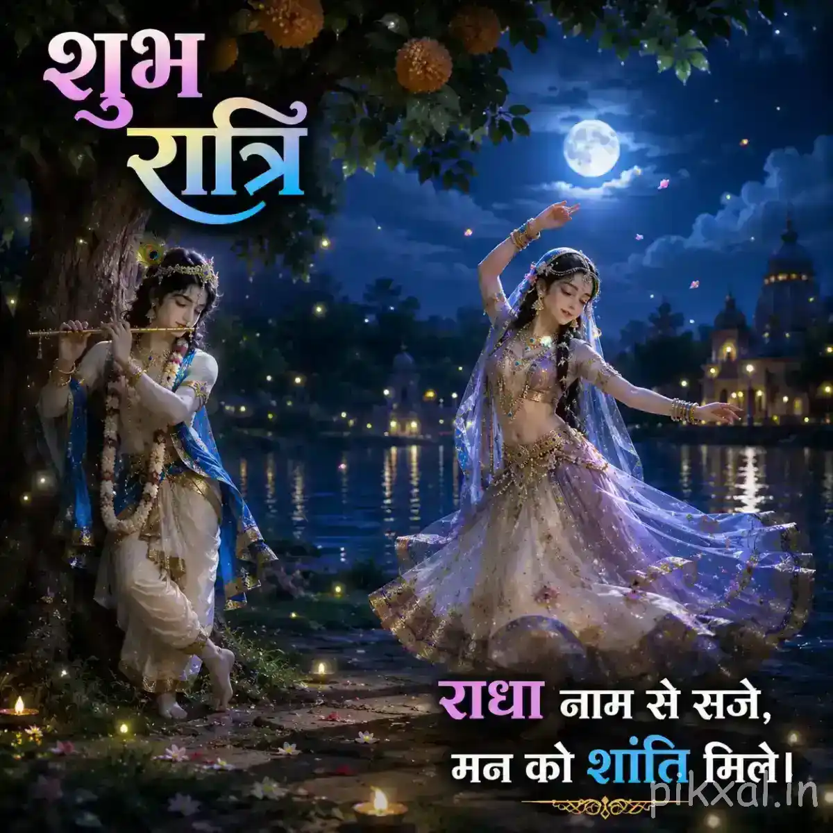 Radha Krishna Good Night Images with Radha and Krishna together near a glowing lakeside, surrounded by soft night lights.