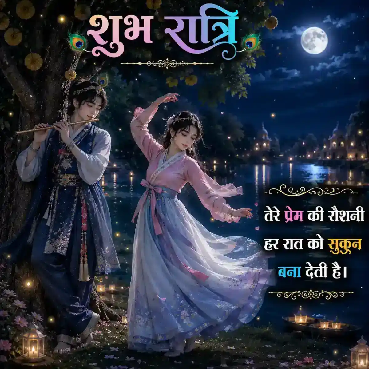 Radha Krishna Good Night Images showing Radha and Krishna enjoying a graceful evening together beneath the moonlit sky.