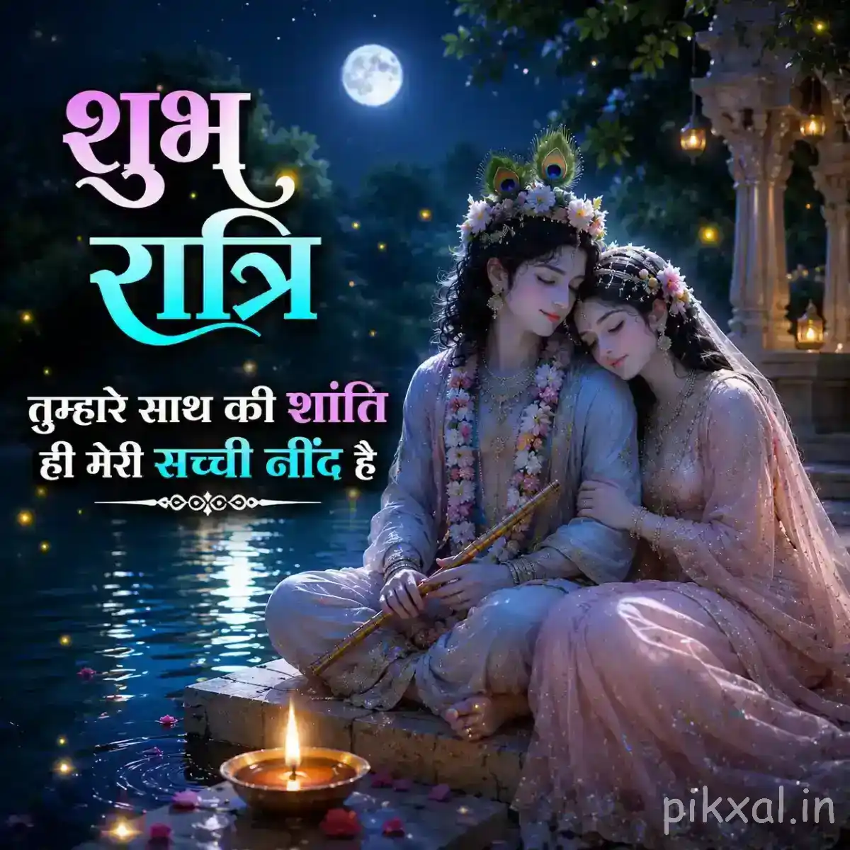 Radha and Krishna seated closely beside a calm lake, illuminated by the full moon and a warm oil lamp.