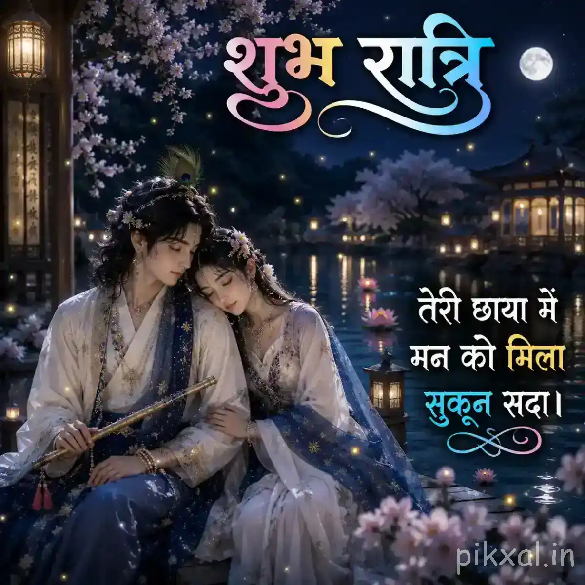 Radha and Krishna sitting together peacefully beneath flowering branches, surrounded by soft moonlight and a tranquil night scene.