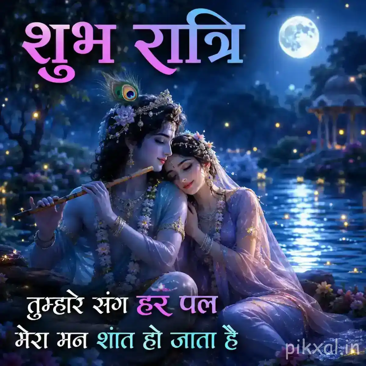Radha and Krishna seated together beside the shimmering water, with Krishna holding his flute and candles glowing nearby.