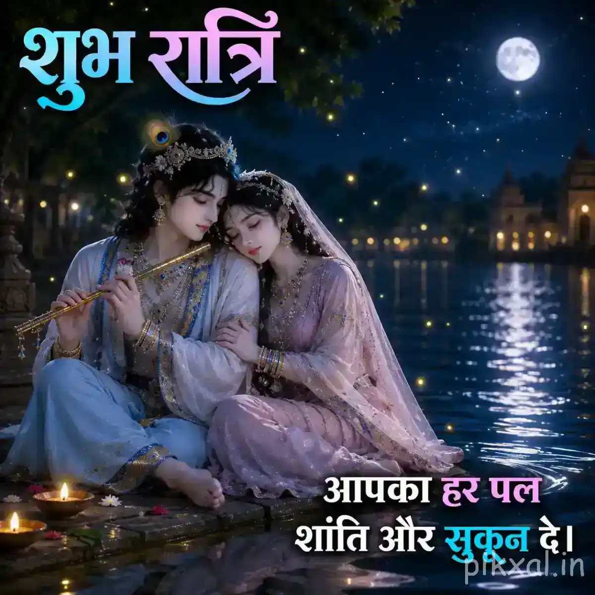 Radha and Krishna sitting closely together beside the lake, with warm lamps and a tranquil blue night surrounding them.