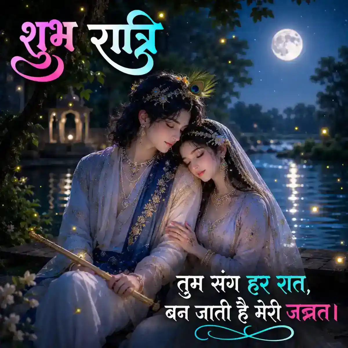 Radha leaning peacefully against Krishna near the water, beneath a bright moon and softly illuminated night sky.