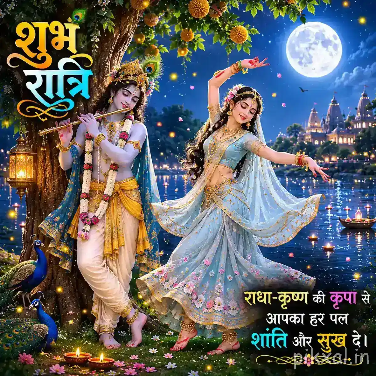 Radha and Krishna walking together beneath a flowering tree, surrounded by moonlight, palace scenery and a serene night landscape.