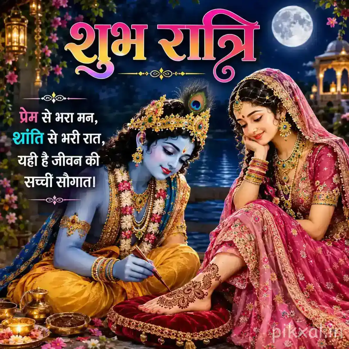Radha and Krishna seated together beside a decorated vessel, with warm lanterns and moonlight illuminating their peaceful surroundings.