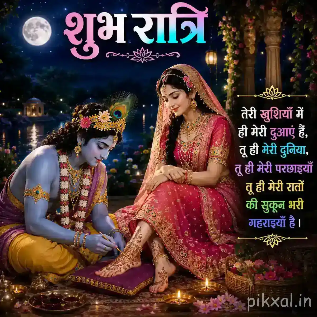 Radha and Krishna seated closely beside decorative vessels and flowers, surrounded by warm lights and a peaceful nighttime setting.