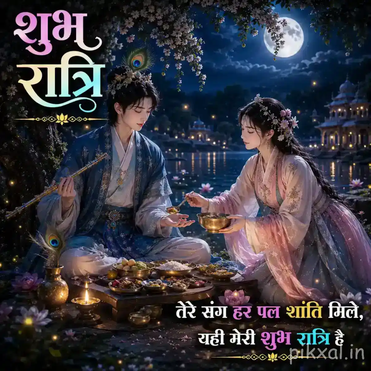 Radha and Krishna sitting together beside the moonlit water, with gentle lamps, flowers and reflections completing the serene scene.