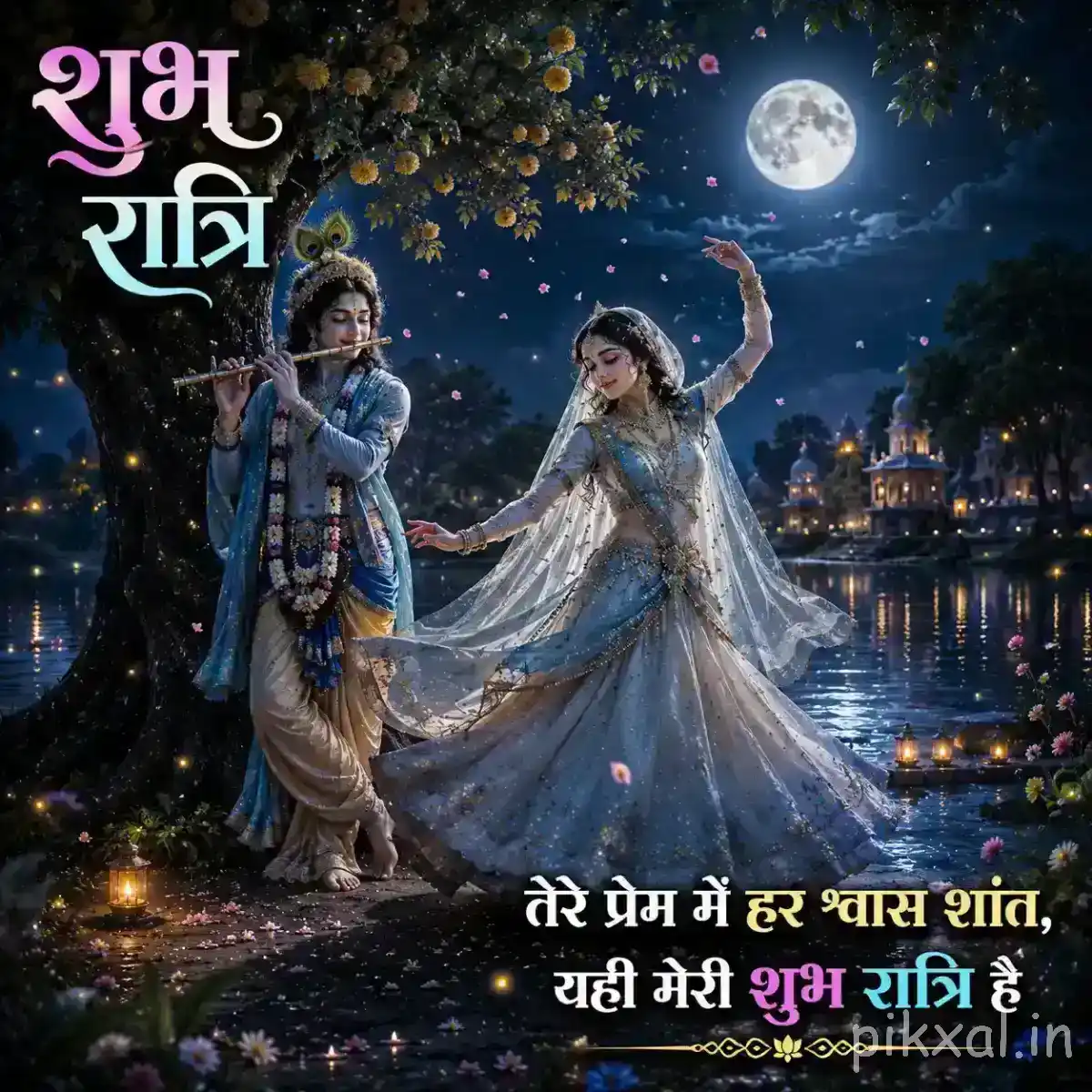 Radha and Krishna dancing gracefully together beneath the moonlit sky beside a peaceful lakeside.