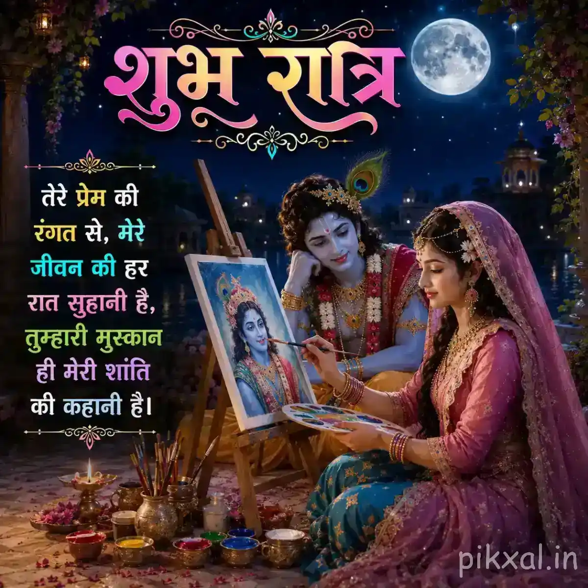Radha sitting beside Krishna while looking at a devotional picture, surrounded by flowers and warm nighttime lights.