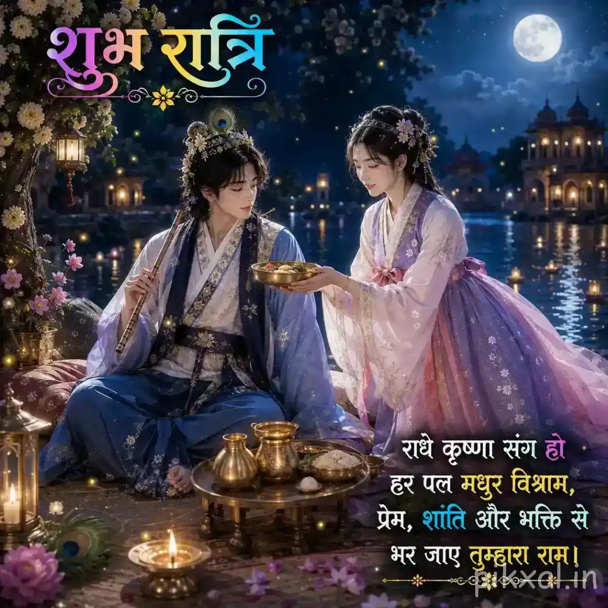 Radha and Krishna seated together beside a calm lake, with soft lamps and moonlight creating a peaceful atmosphere.
