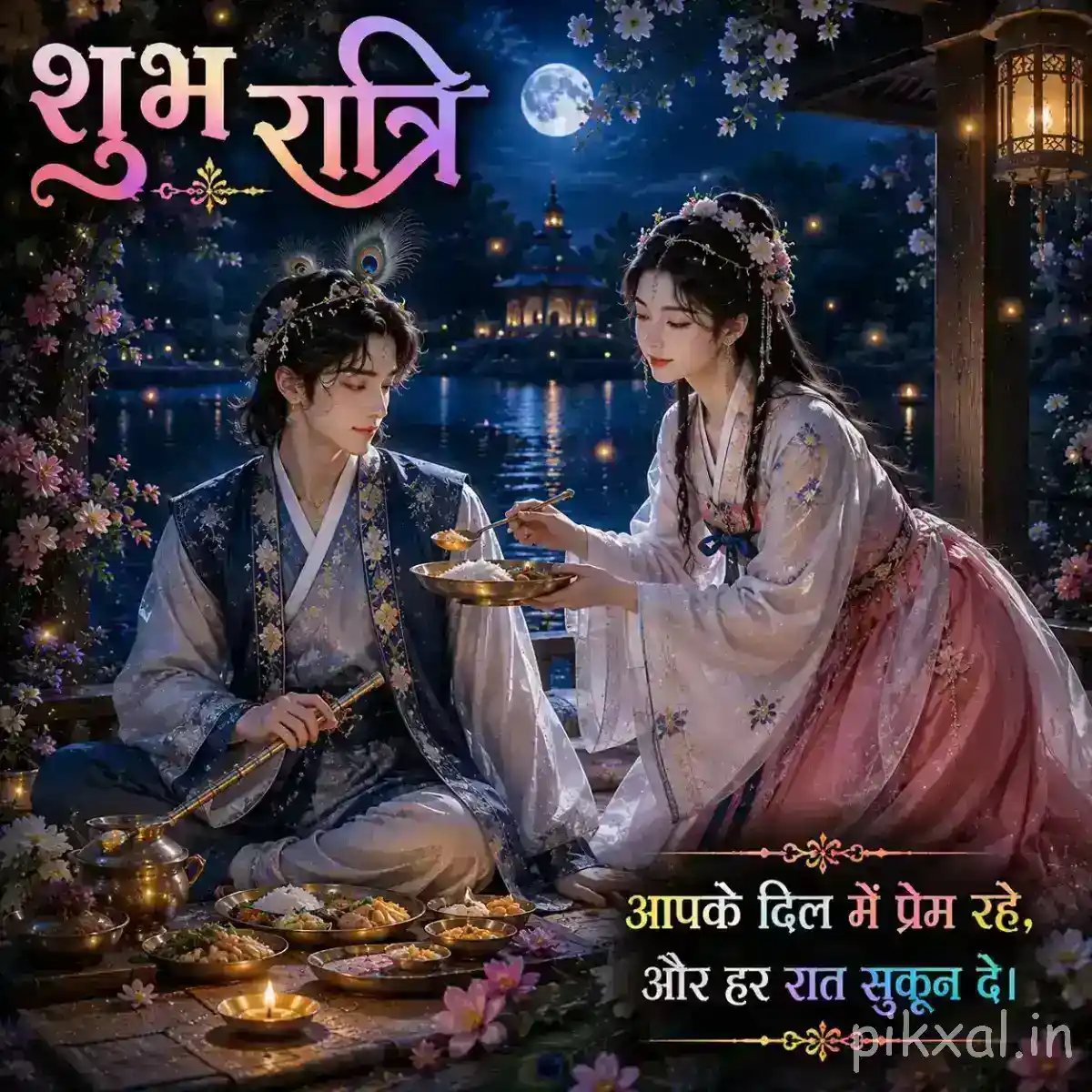 Radha and Krishna sharing a quiet moment together beside glowing lamps and a moonlit nighttime setting.