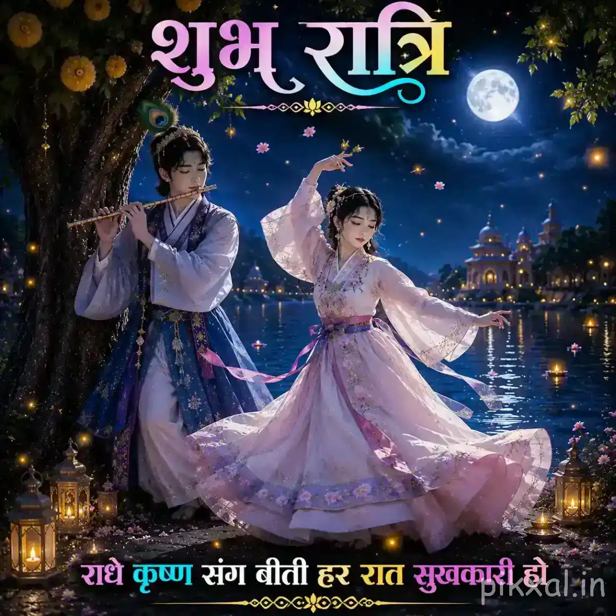 Radha and Krishna dancing together near the lakeside, surrounded by soft lantern light and a peaceful night scene.
