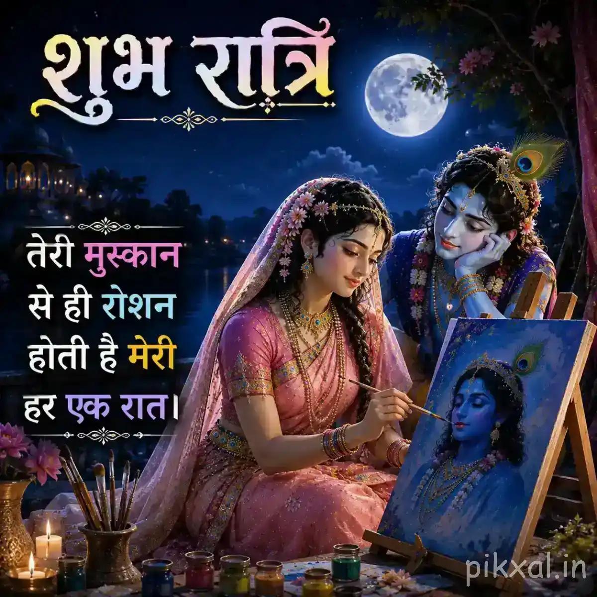 Radha seated beside a devotional portrait of Krishna, with warm lights and a peaceful nighttime setting.